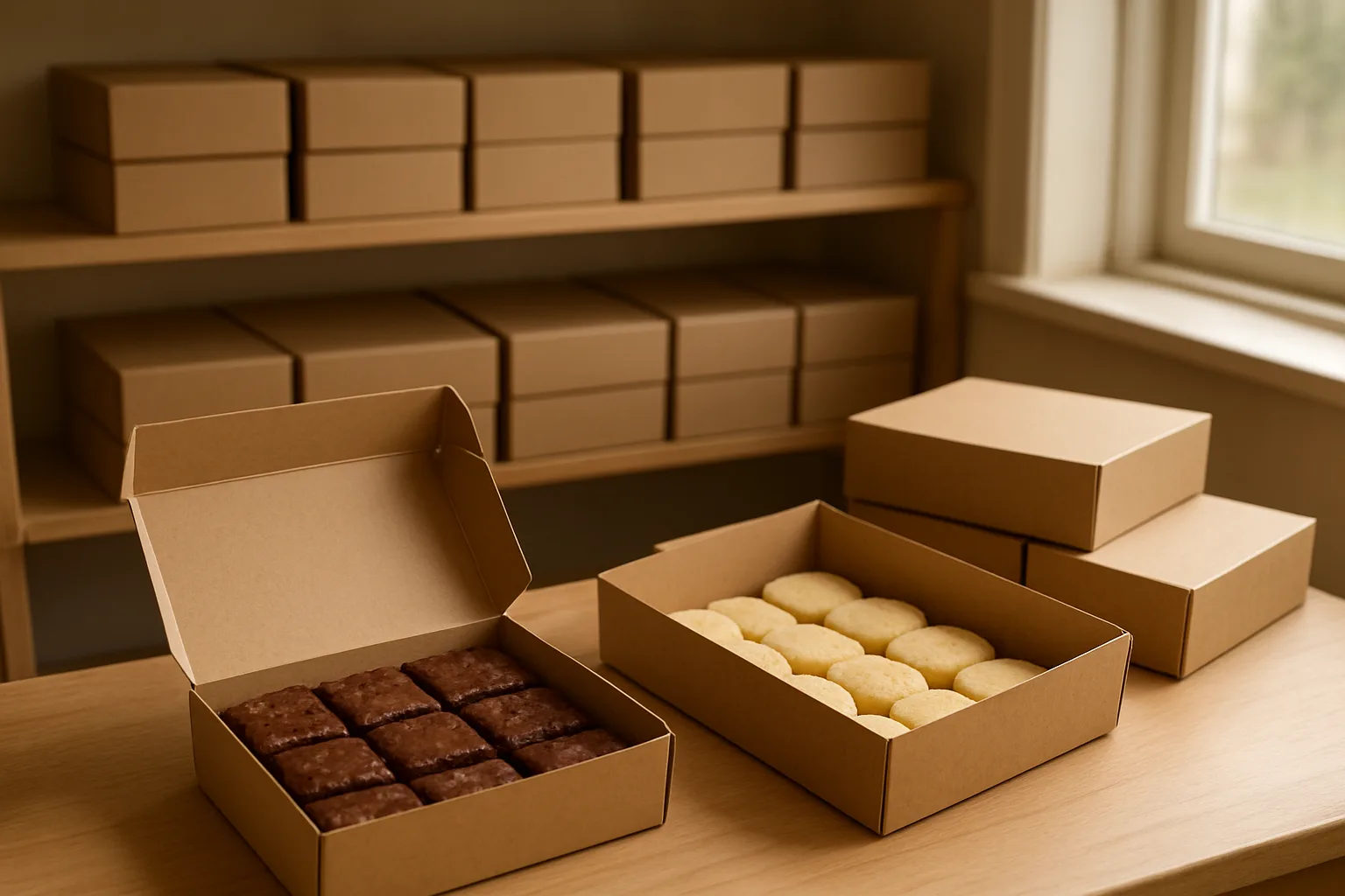 Open brownie and shortbread boxes beside packed orders grouped on separate shelves