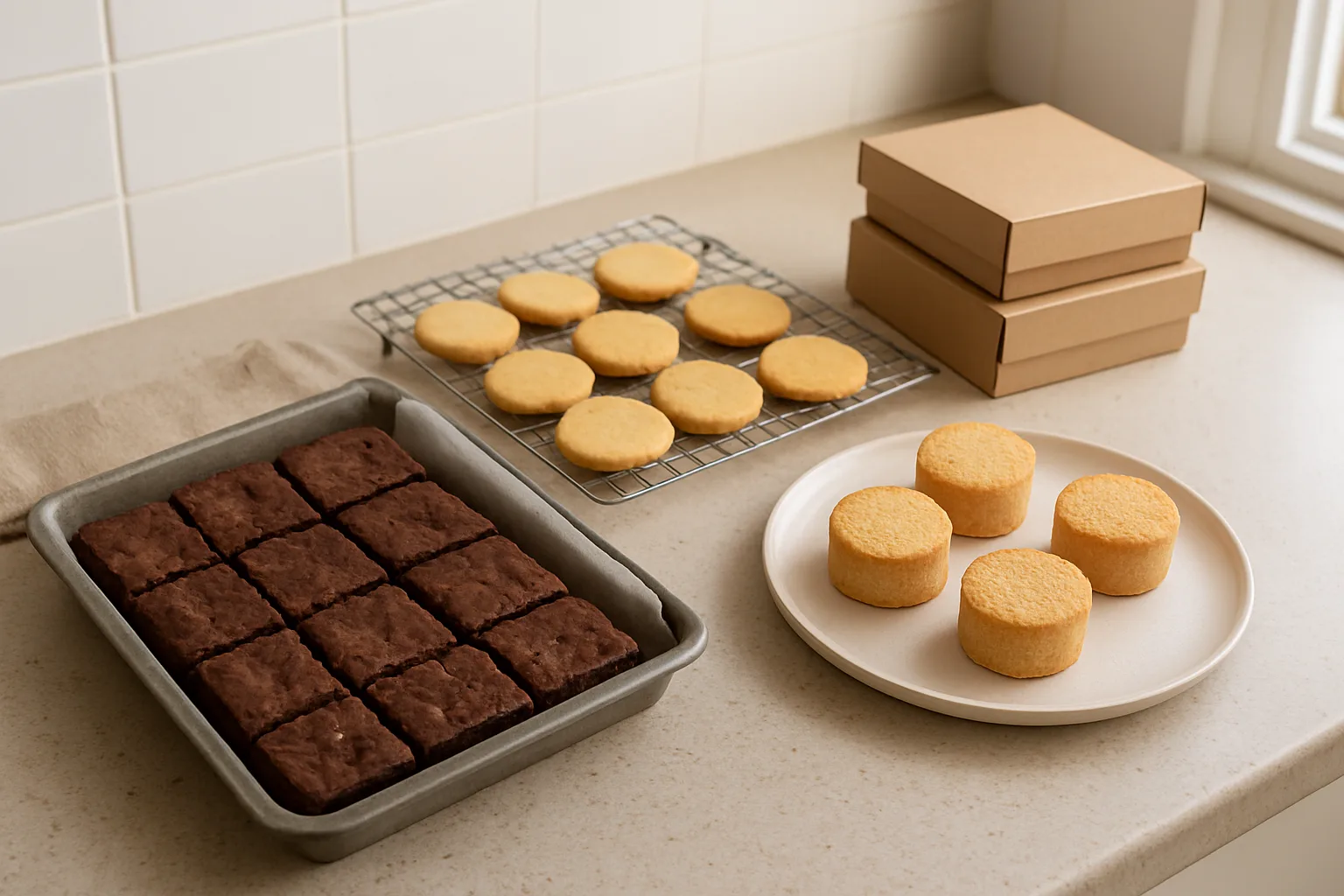 Brownies, shortbread and mini cakes sharing a compact kitchen workbench