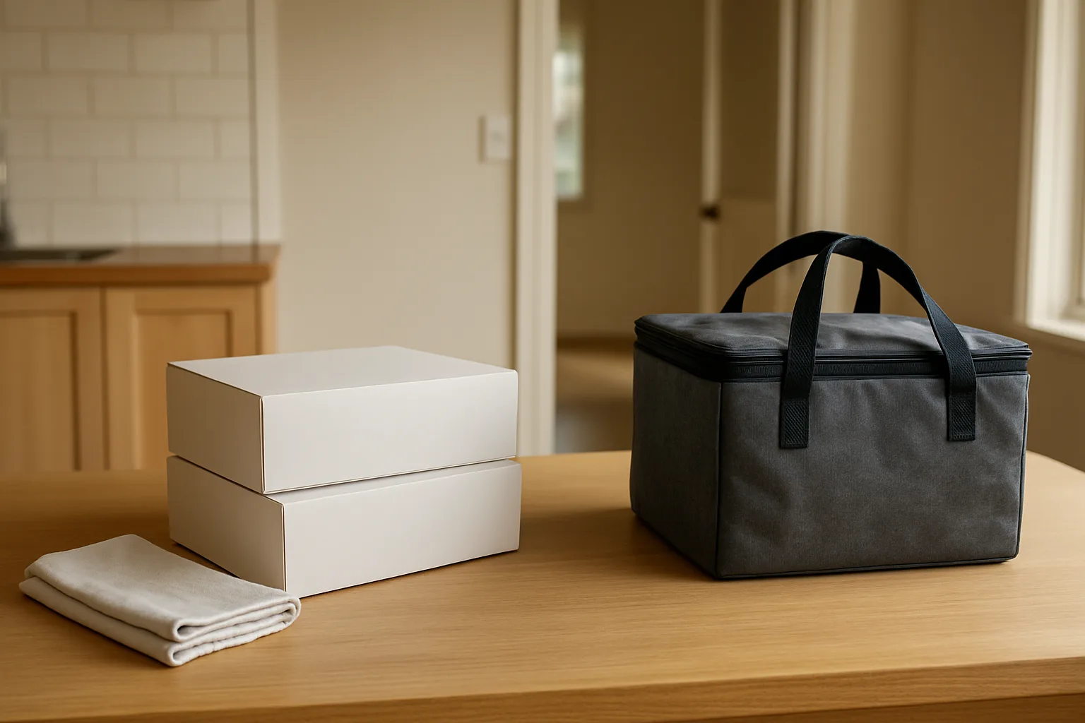 Two plain cake boxes and an insulated carrier arranged on an indoor pickup table.