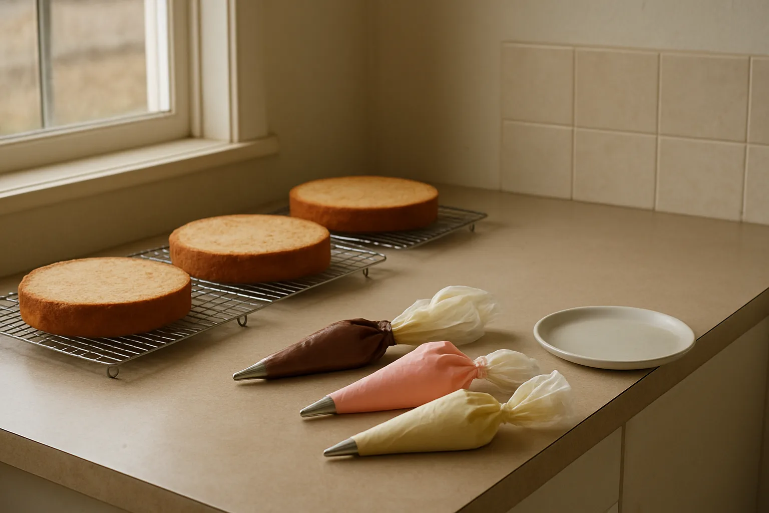 Cake layers and decorating tools share a compact home bakery workbench.