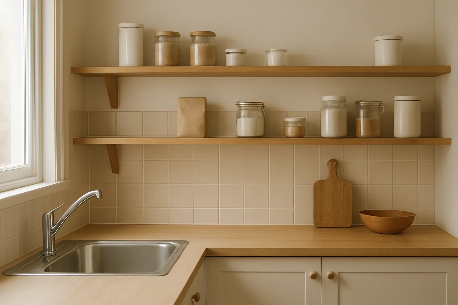 A domestic kitchen with a clear bench, sink and closed storage containers