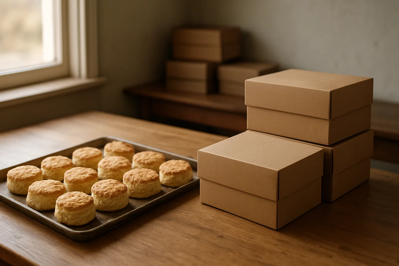 Plain bakery boxes grouped on a table beside a tray of biscuits ready for packing