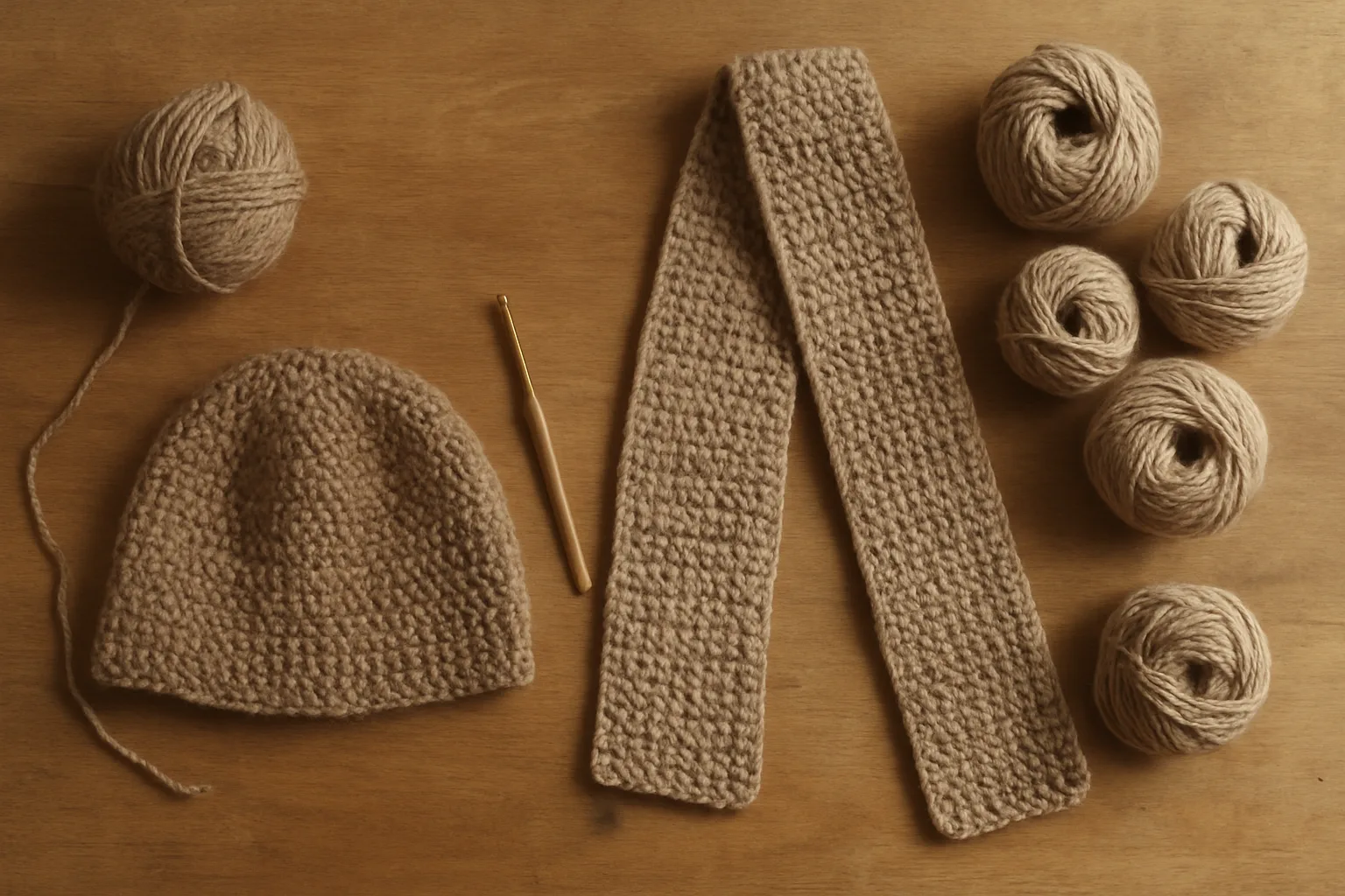 A small crocheted beanie and a long scarf laid beside different amounts of yarn.