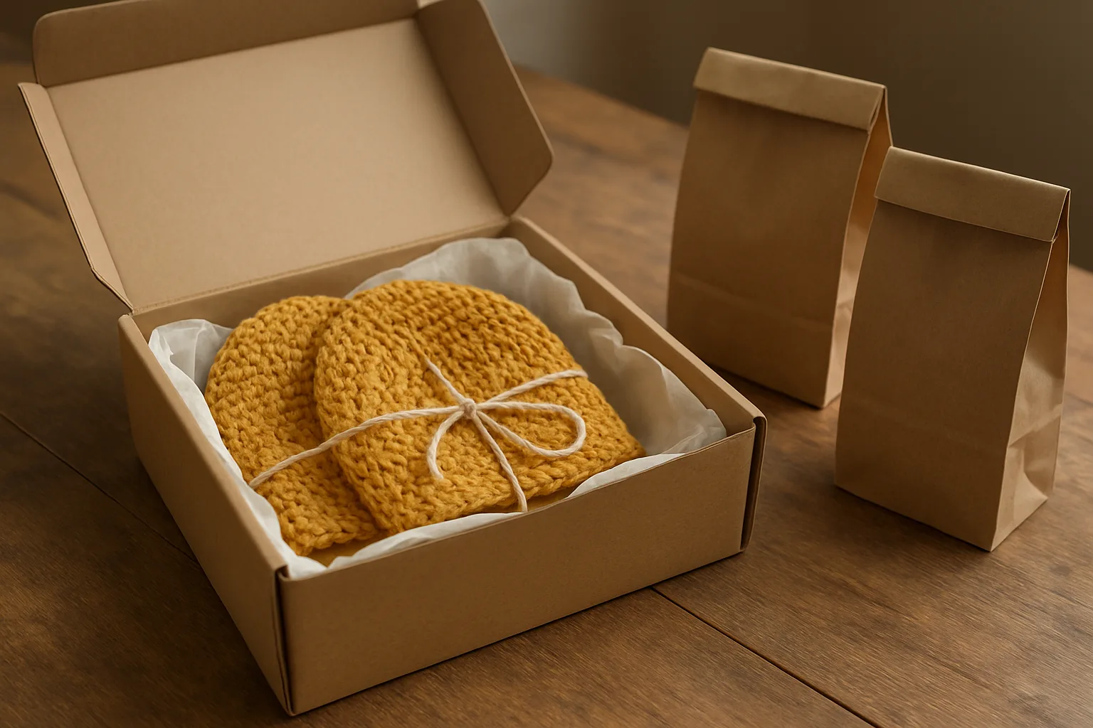 Two crocheted beanies sharing one gift box beside two unused individual packaging bags.