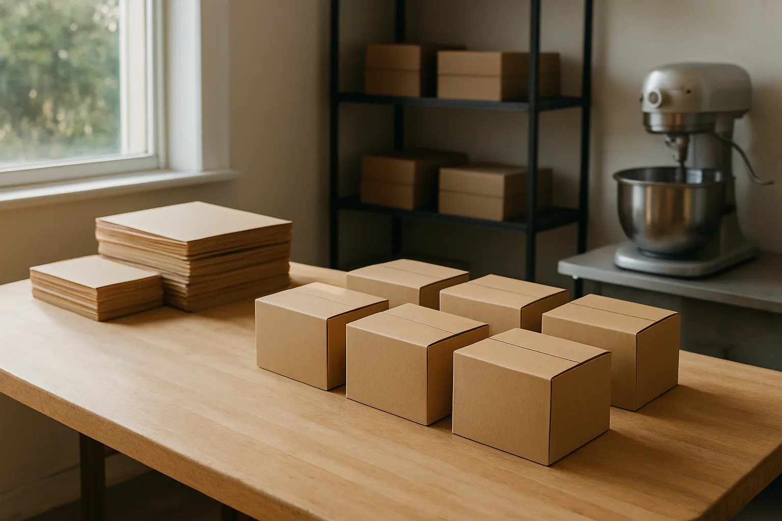 Closed biscuit boxes grouped on a clean bench ready for customer collection