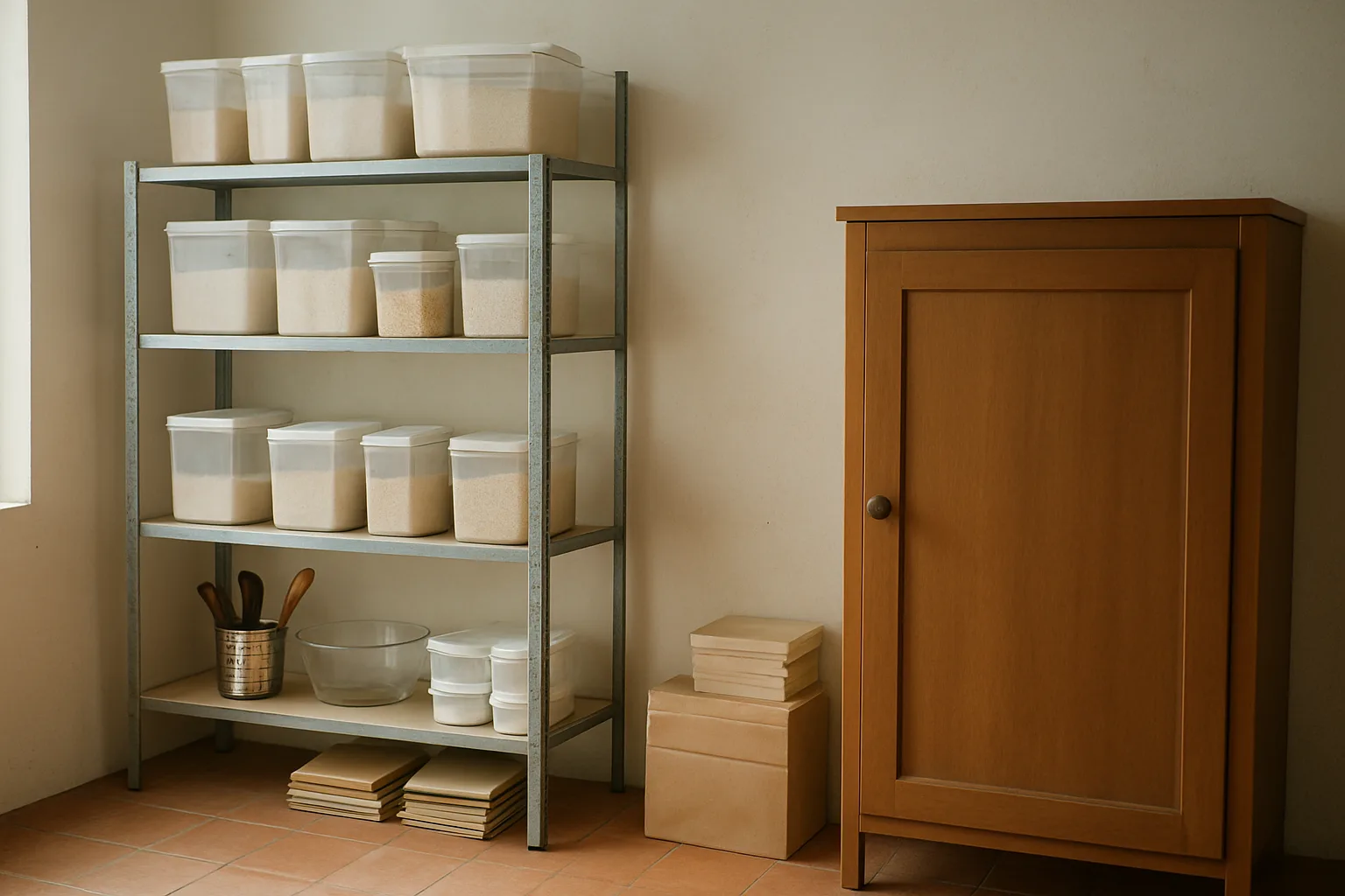 Closed ingredient containers, clean utensils and packaging arranged on dedicated shelves