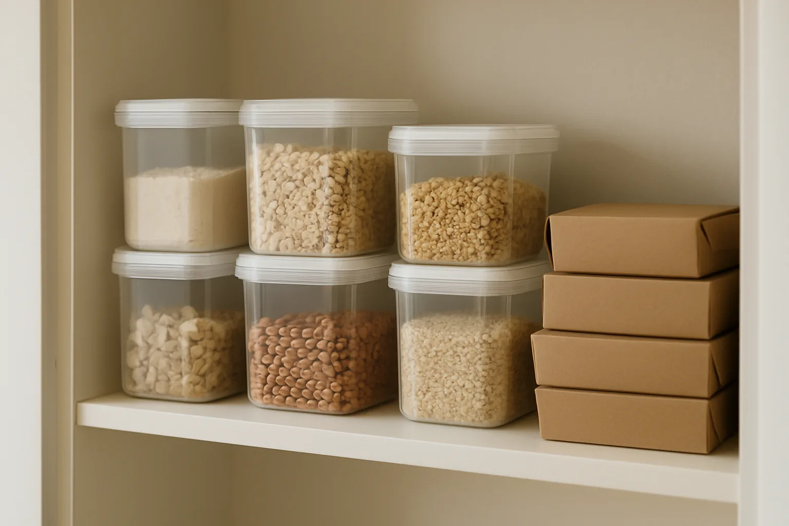 Closed ingredient containers and unused bakery boxes arranged on a dedicated pantry shelf