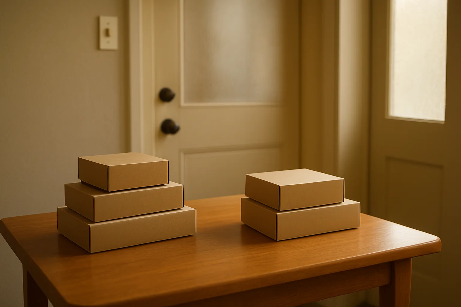 Closed bakery boxes arranged on an indoor table with space for handing over orders