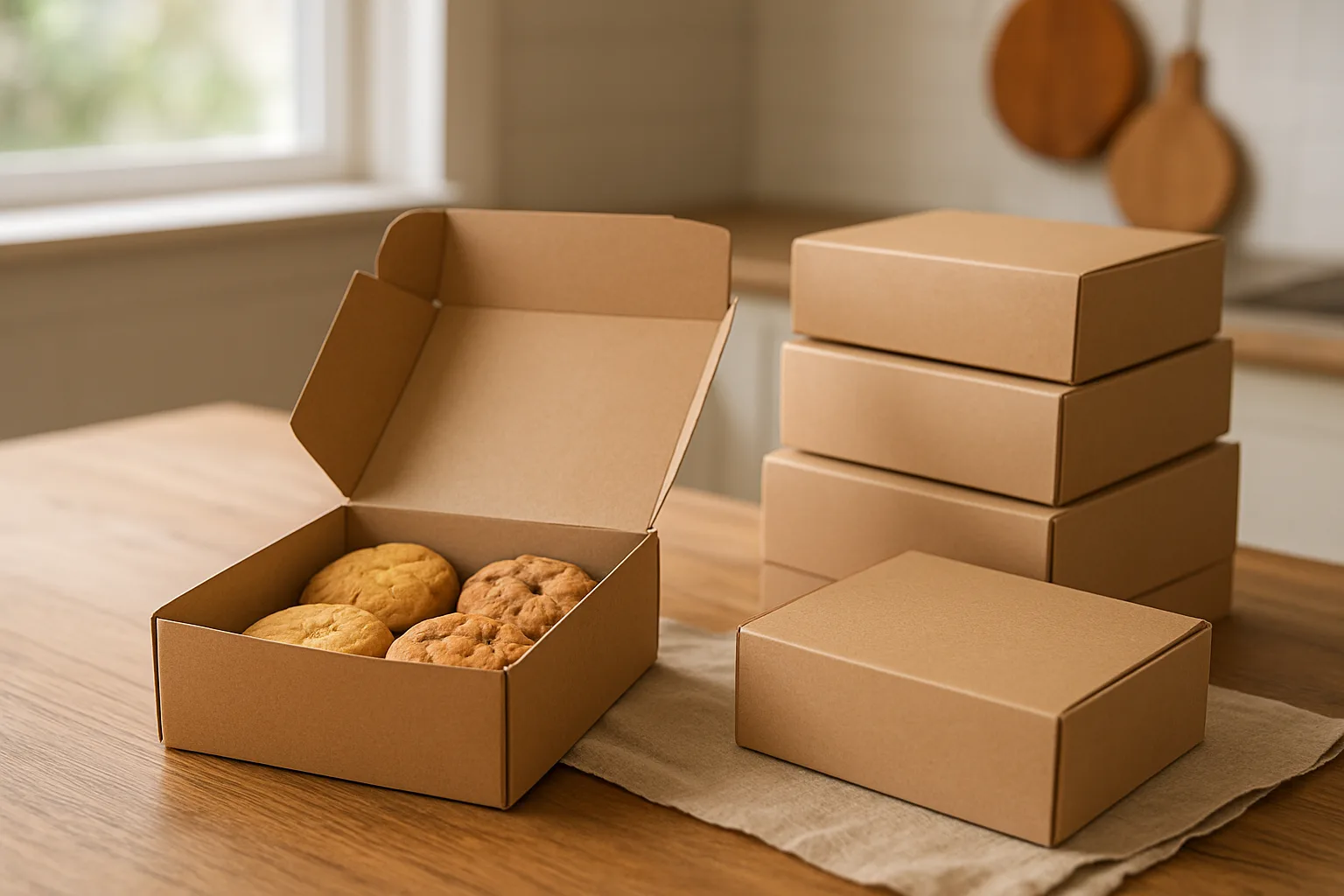 An open biscuit box beside several packed boxes on a kitchen table