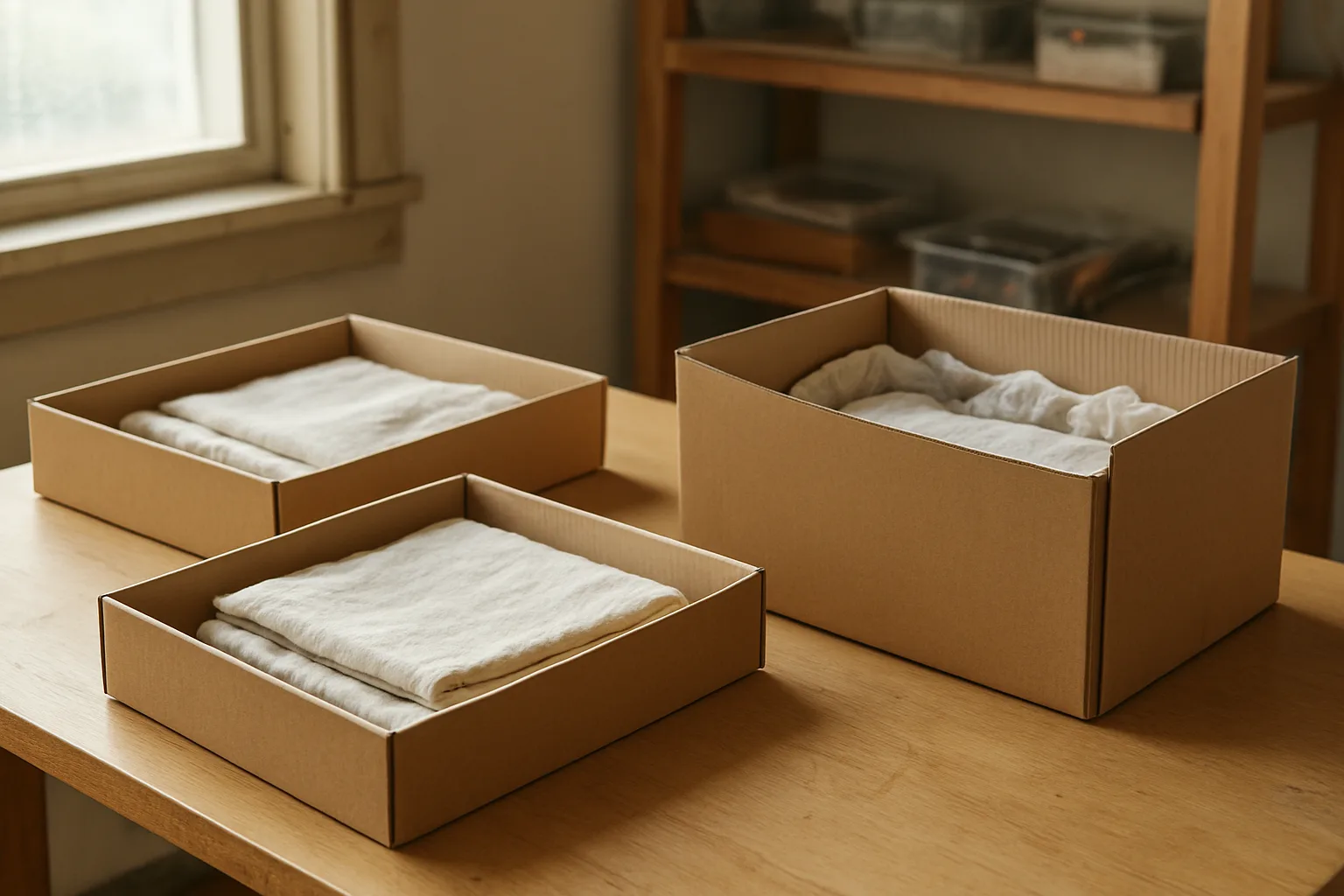 Shallow pickup cartons beside deeper shipping cartons with extra protective paper