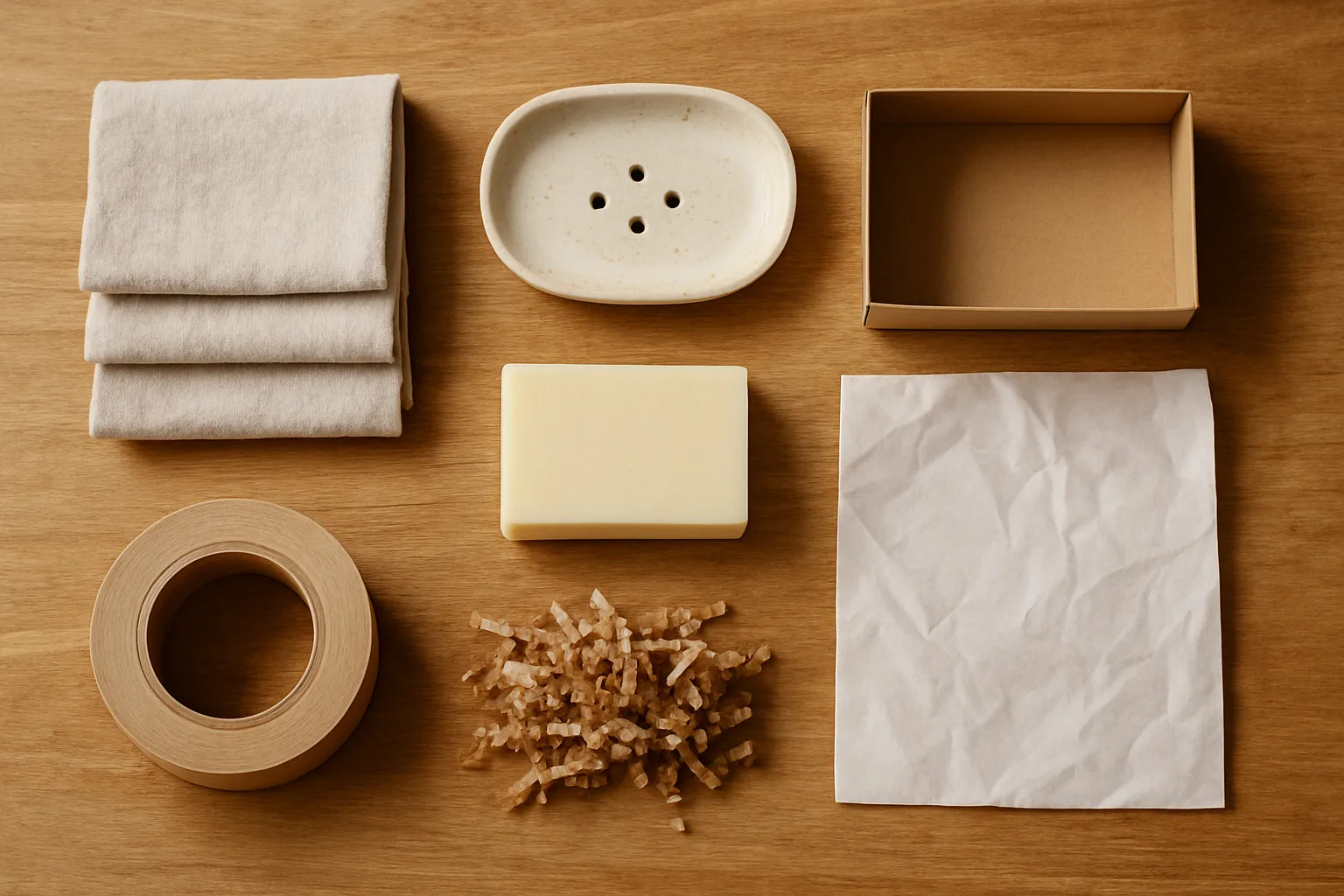 Products, a plain carton and protective packing materials laid out separately on a table