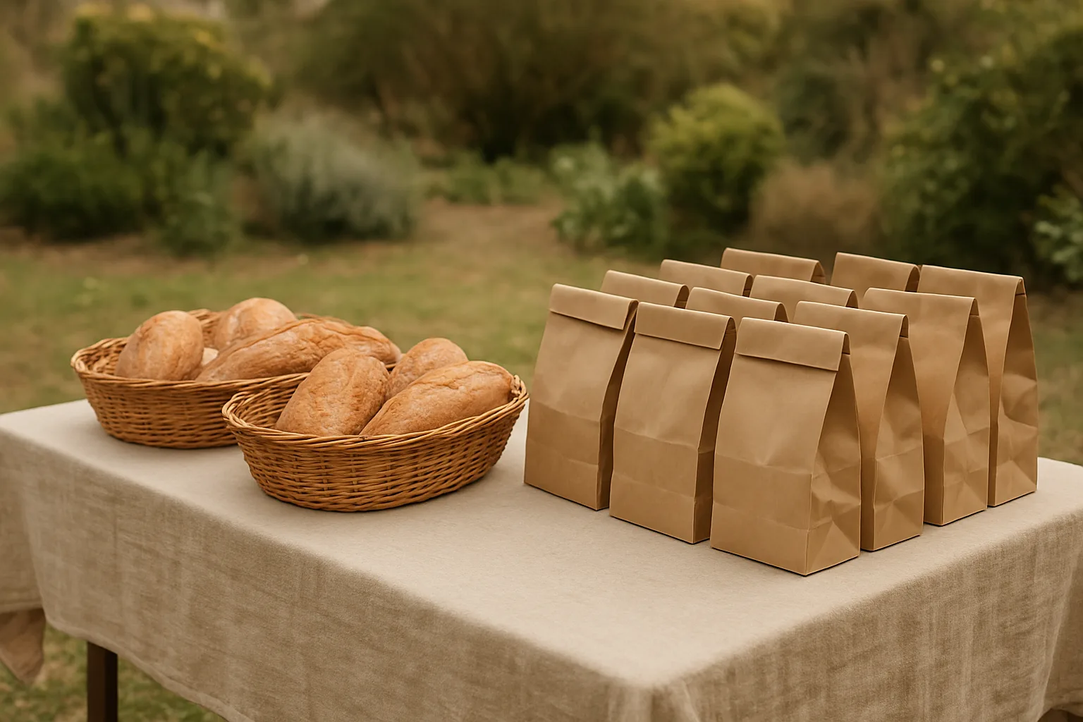 Loose bread in baskets beside a separate group of packed collection bags