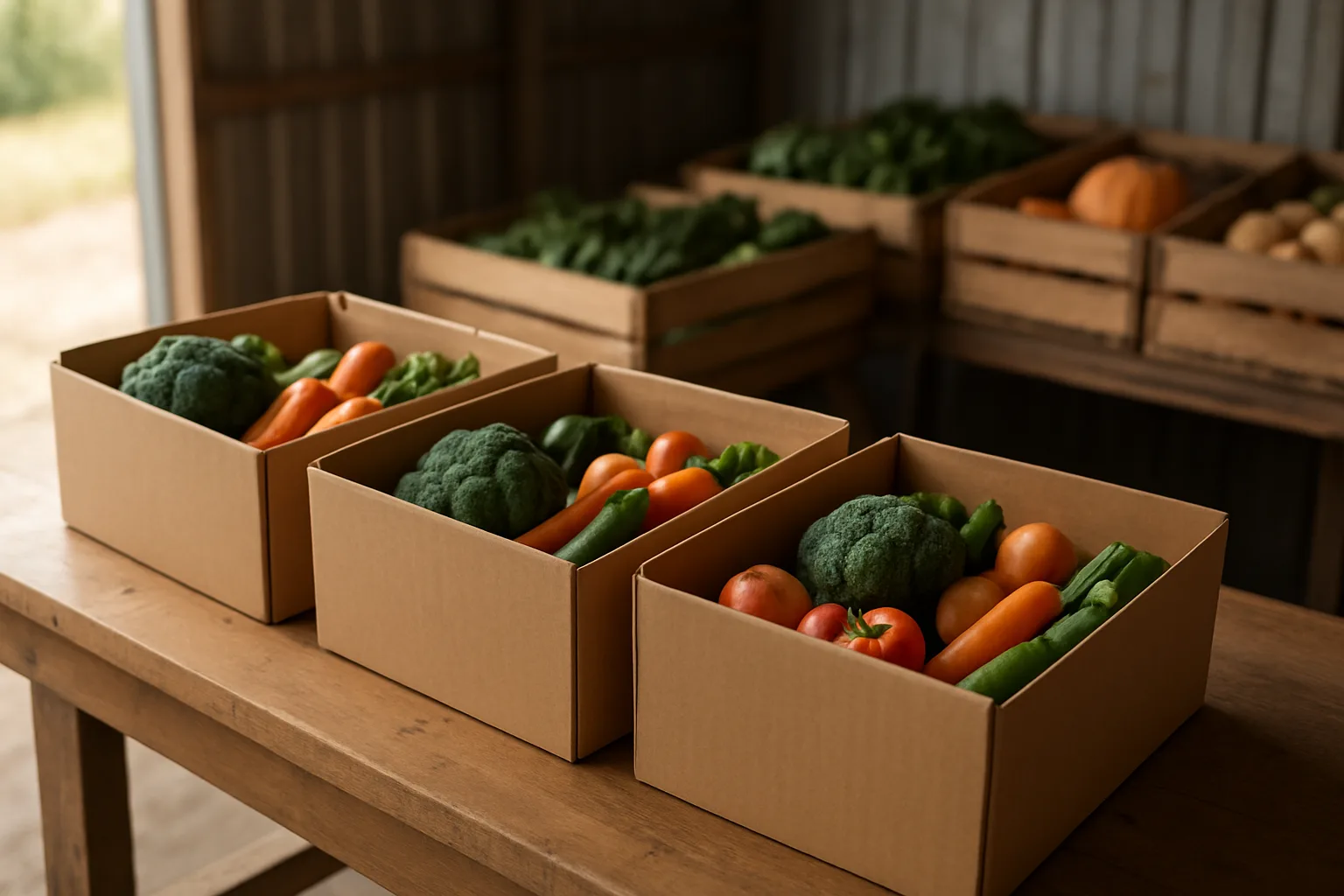 Three small vegetable boxes arranged on a packing bench beside produce crates
