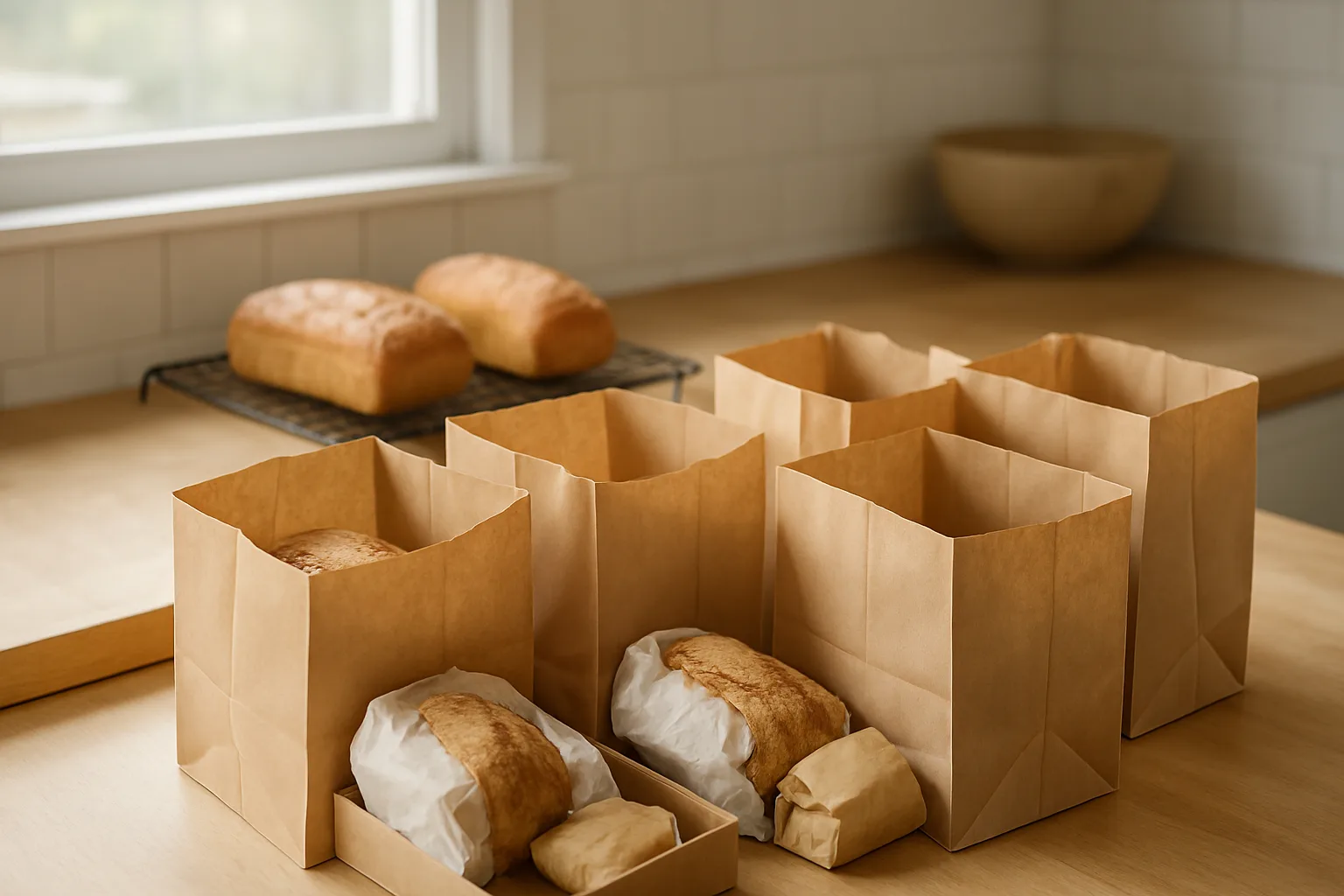 Open kraft bags holding bread and biscuit packets on a packing table