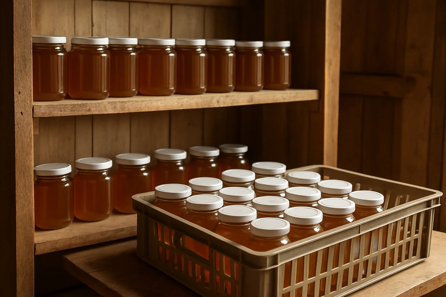Unlabelled honey jars arranged on a timber shelf and in a market crate