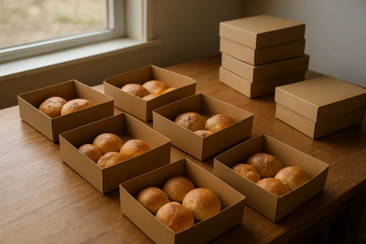 Bakery orders being grouped into plain boxes on a packing bench