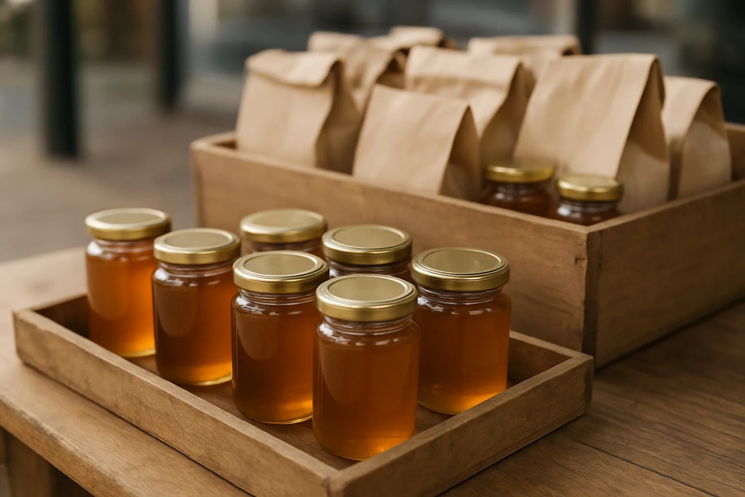 Loose honey jars displayed separately from jars packed in paper collection bags