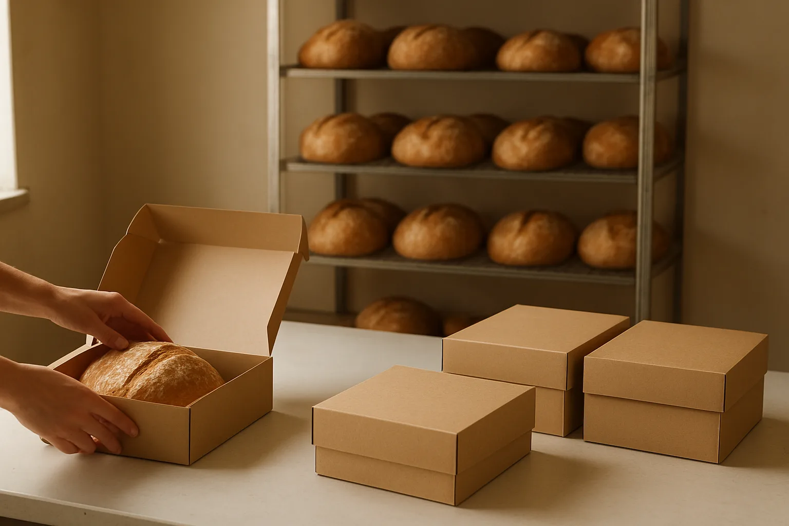 Cooled loaves, open bread boxes and finished packages arranged across a bakery packing bench.