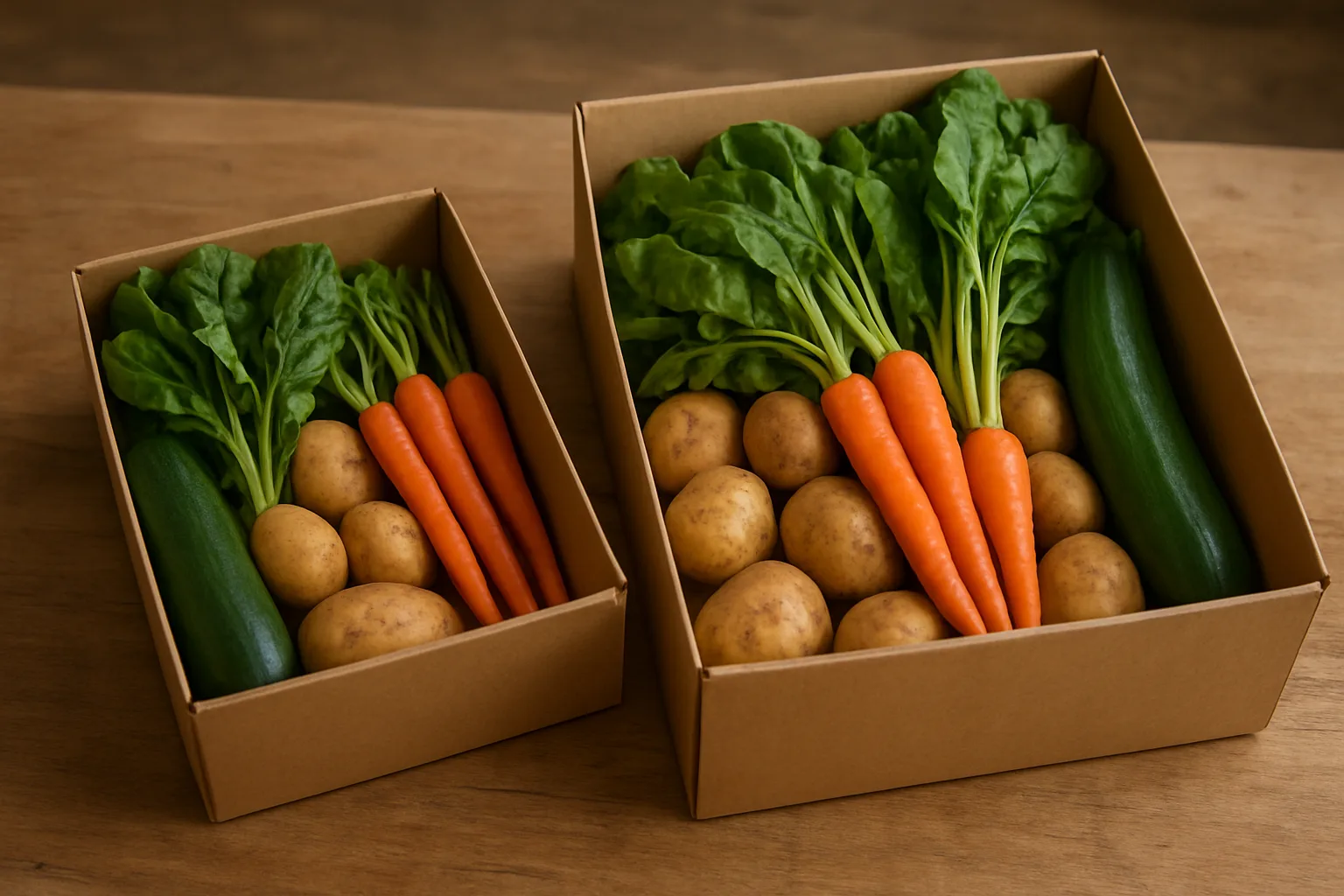 Small and large vegetable boxes containing different quantities of the same produce.